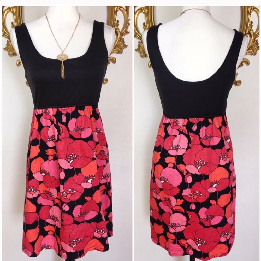 Judith March Black/Dusty Red Floral Print Dress M